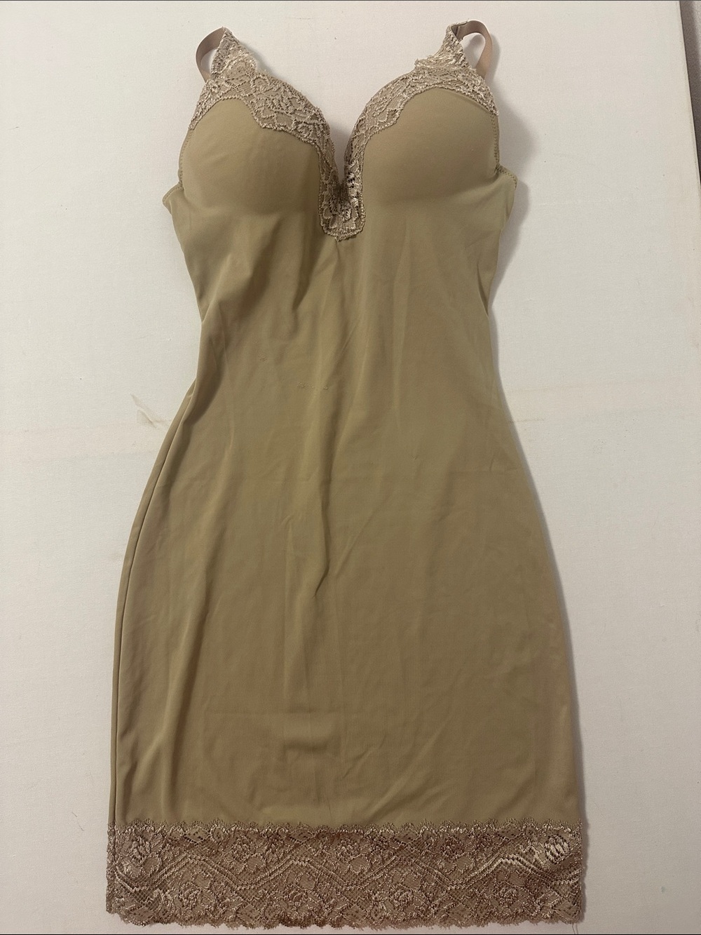 Lace-Trim Slip Dress in Beige